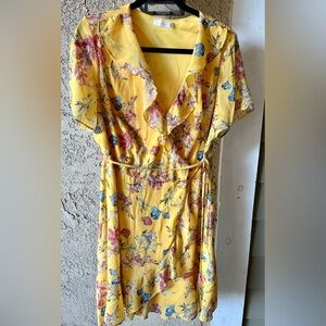 Lush Women’s Yellow Flower Print Short Sleeve Tie Waist Dress Sz XL